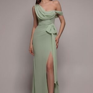 Goddiva One Shoulder Cowl With Bow Detail Maxi Dress - Sage Green