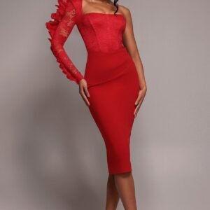 Goddiva One Shoulder Organza  Fan Detail Lace Bodice Midi Dress - Red