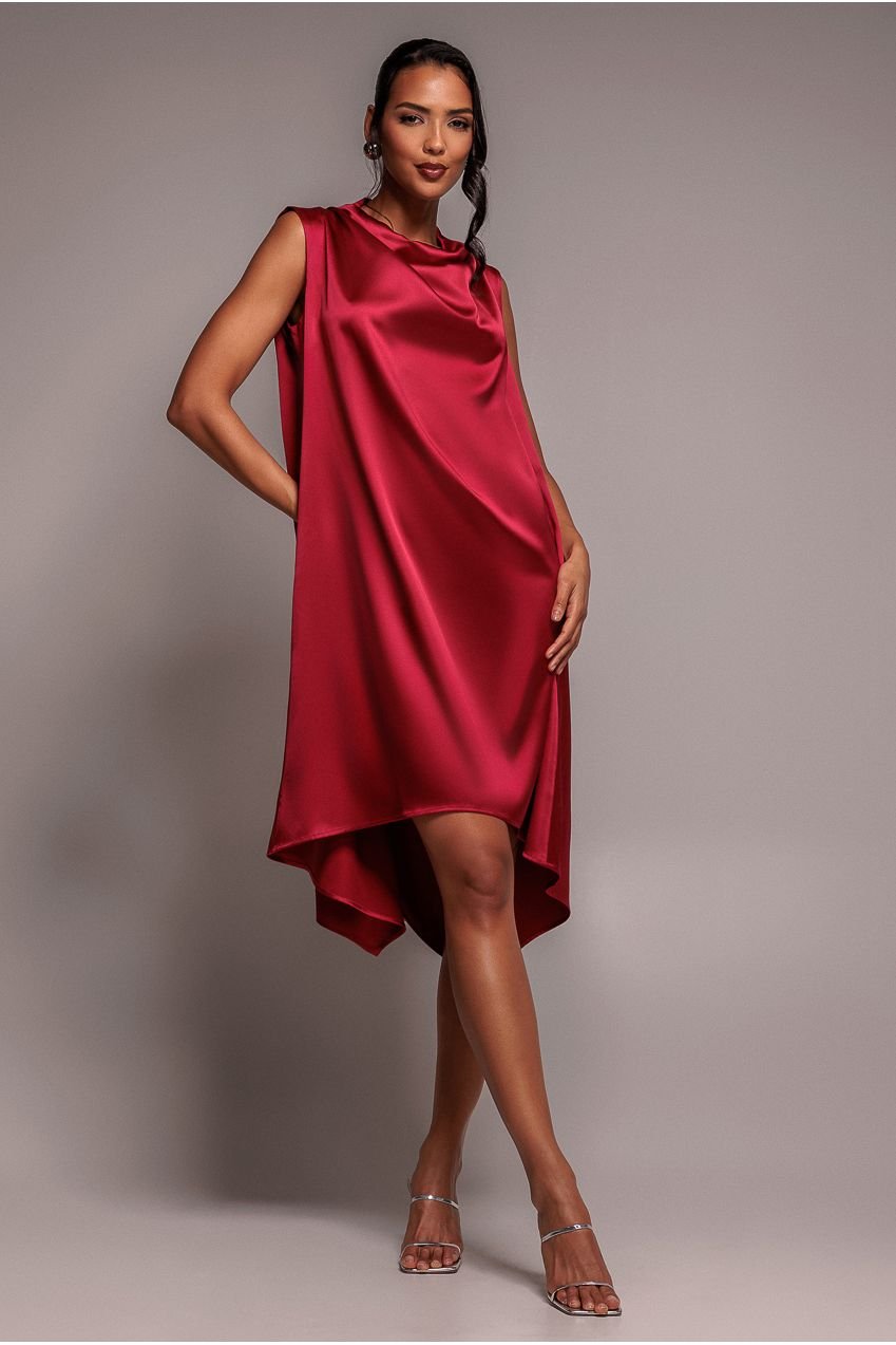 Goddiva Cowl Neck Back Wing Satin High Low Midi Dress – Berry