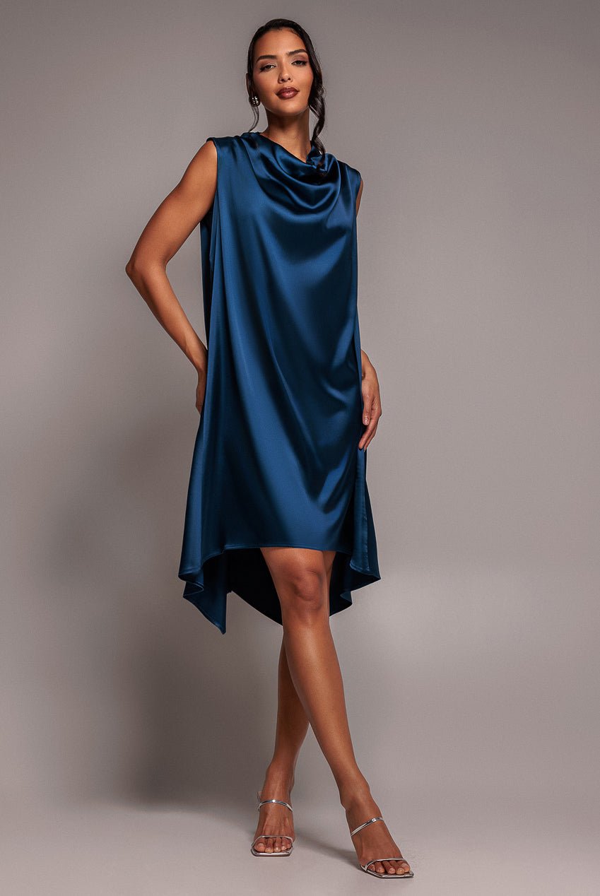 Goddiva Cowl Neck Back Wing Satin High Low Midi Dress – Navy Blue