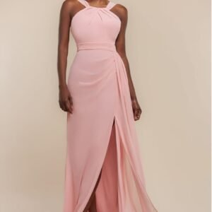 Goddiva Halterneck Thigh Split Chiffon Maxi Dress - Blush Pink