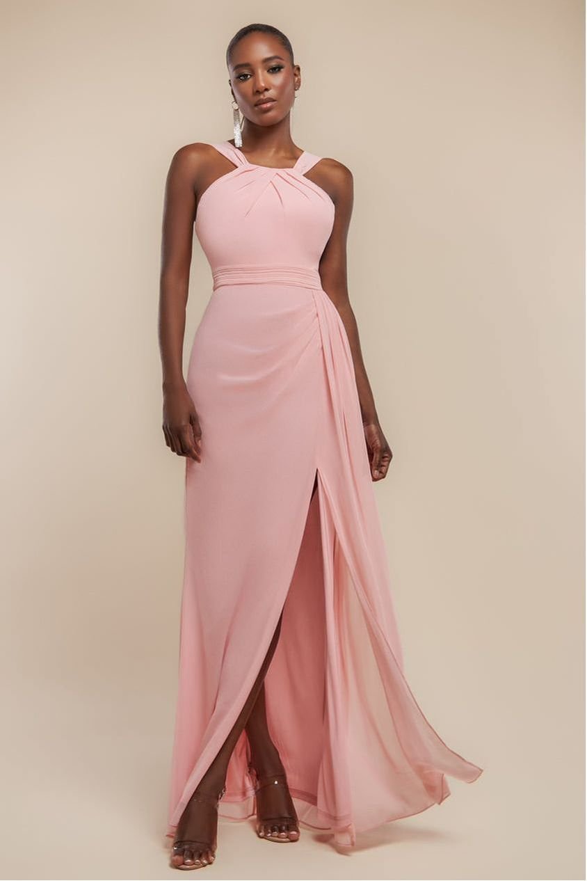 Goddiva Halterneck Thigh Split Chiffon Maxi Dress – Blush Pink