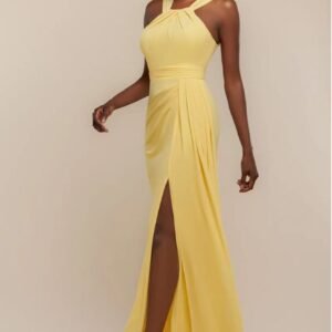 Goddiva Halterneck Thigh Split Chiffon Maxi Dress - Lemon