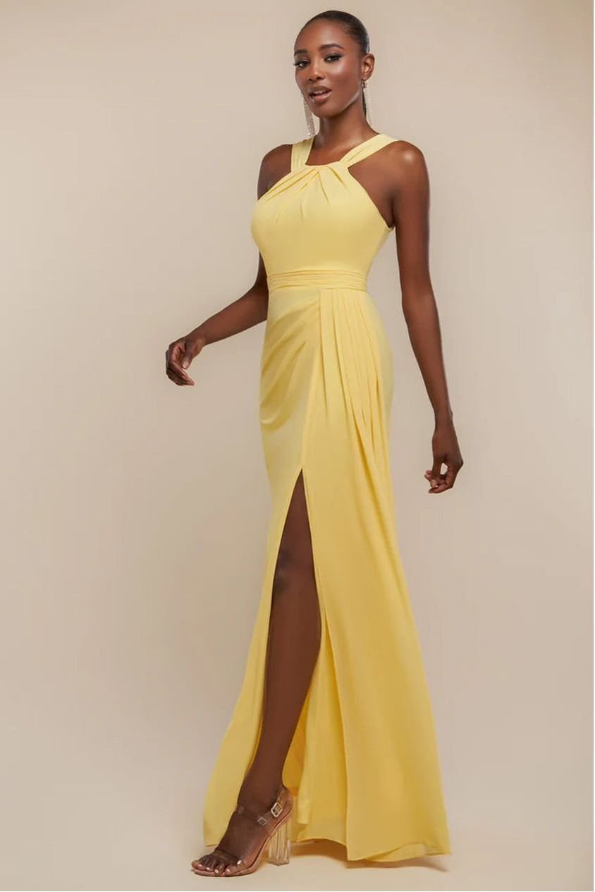 Goddiva Halterneck Thigh Split Chiffon Maxi Dress – Lemon