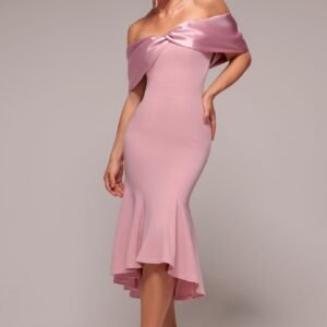 Goddiva Twist Knot Satin & Scuba Bardot High Low Midi Dress - Blush Pink