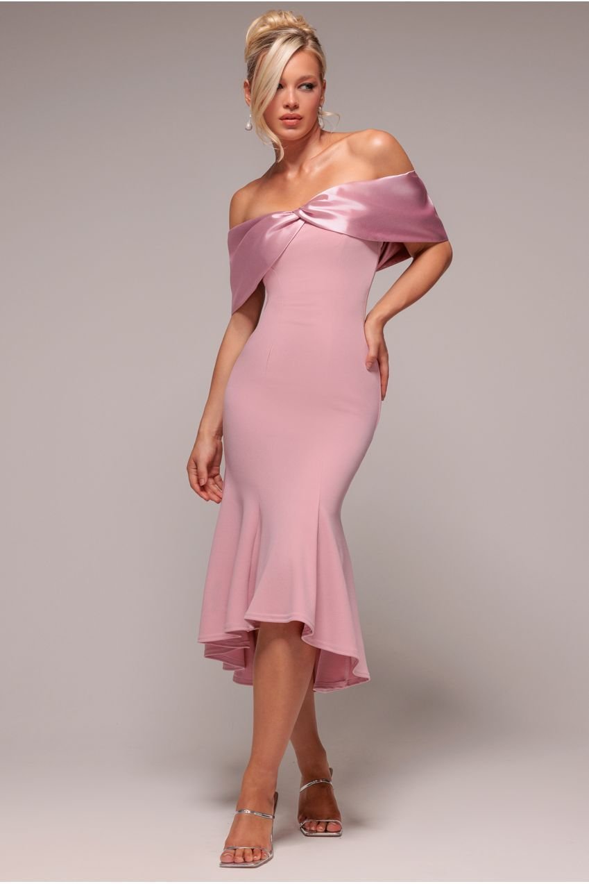 Goddiva Twist Knot Satin & Scuba Bardot High Low Midi Dress – Blush Pink