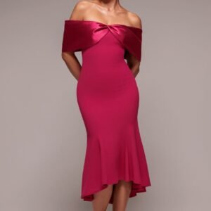 Goddiva Twist Knot Satin & Scuba Bardot High Low Midi Dress - Magenta