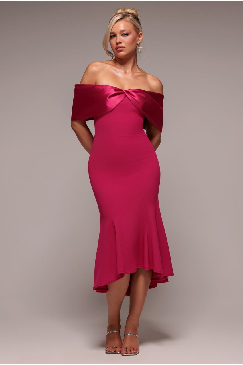 Goddiva Twist Knot Satin & Scuba Bardot High Low Midi Dress – Magenta