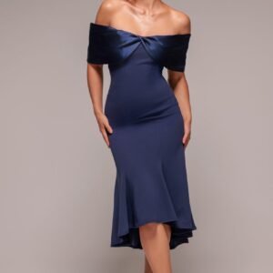 Goddiva Twist Knot Satin & Scuba Bardot High Low Midi Dress - Navy Blue