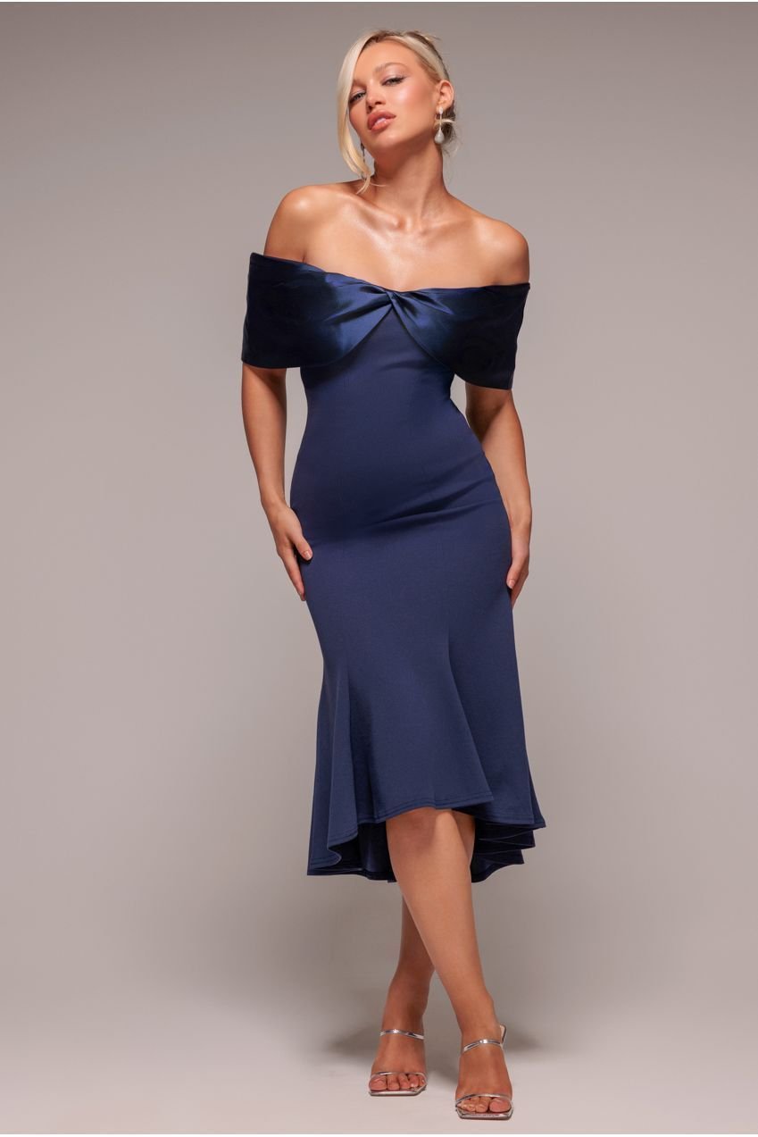 Goddiva Twist Knot Satin & Scuba Bardot High Low Midi Dress – Navy Blue