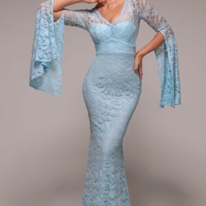Goddiva Cape Sleeve Lace Mermaid Hem Maxi Dress - Sky Blue