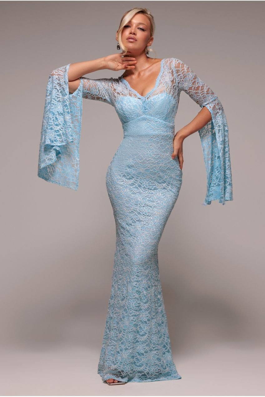 Goddiva Cape Sleeve Lace Mermaid Hem Maxi Dress – Sky Blue