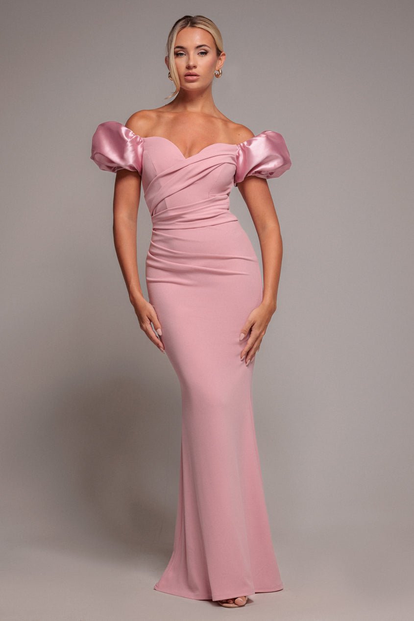 Goddiva Puffy Satin  Sleeve Scuba Maxi Dress – Blush Pink