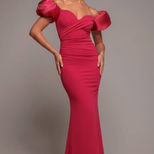 Goddiva Puffy Satin  Sleeve Scuba Maxi Dress - Magenta