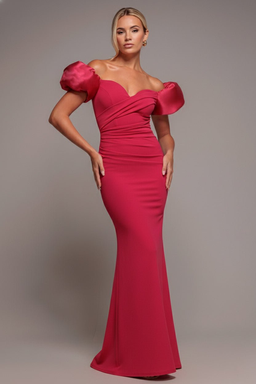 Goddiva Puffy Satin  Sleeve Scuba Maxi Dress – Magenta