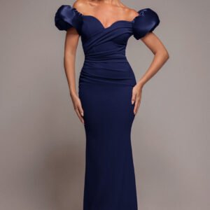 Goddiva Puffy Satin  Sleeve Scuba Maxi Dress - Navy Blue