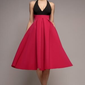 Goddiva Contrast  Halter Neck Pleated A-Line Midaxi Dress - Black Magenta
