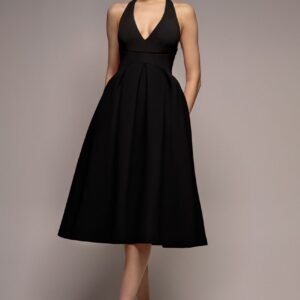 Goddiva Halter Neck Pleated A-Line Midaxi Dress - Black