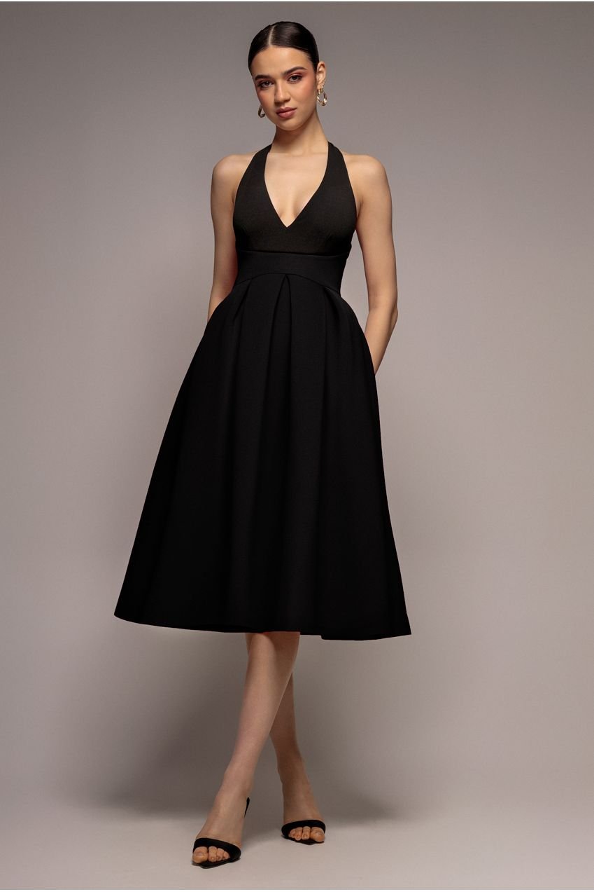 Goddiva Halter Neck Pleated A-Line Midaxi Dress – Black