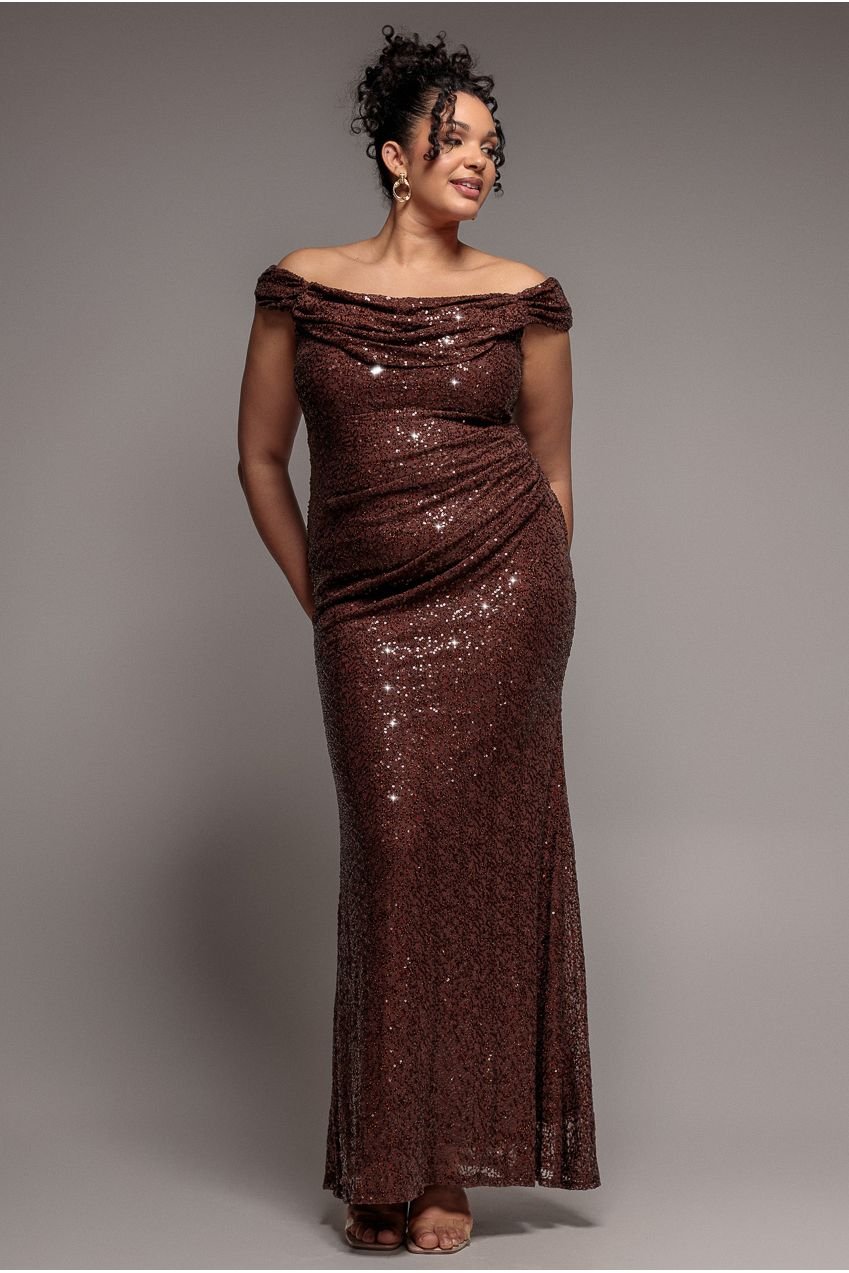 Goddiva Plus Cap Sleeve Iridescent Sequin Cowl Maxi Dress – Brown