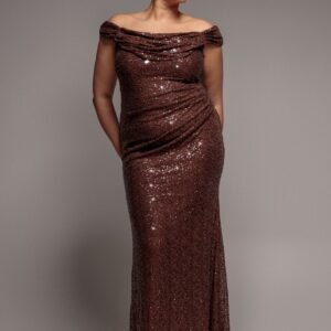 Goddiva Plus Cap Sleeve Iridescent Sequin Cowl Maxi Dress - Brown