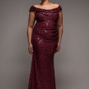 Goddiva Plus Cap Sleeve Iridescent Sequin Cowl Maxi Dress - Burgundy Red