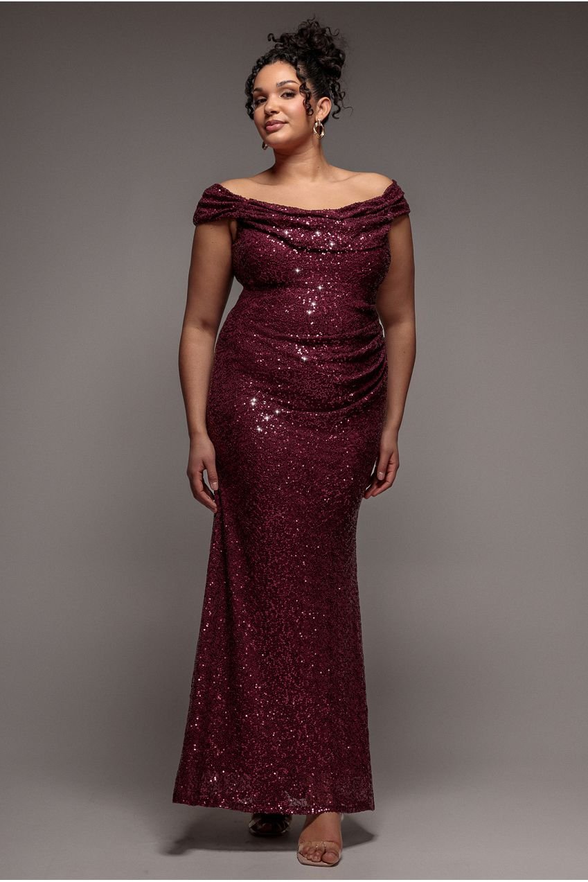 Goddiva Plus Cap Sleeve Iridescent Sequin Cowl Maxi Dress – Burgundy Red