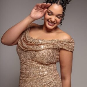 Goddiva Plus Cap Sleeve Iridescent Sequin Cowl Maxi Dress - Gold