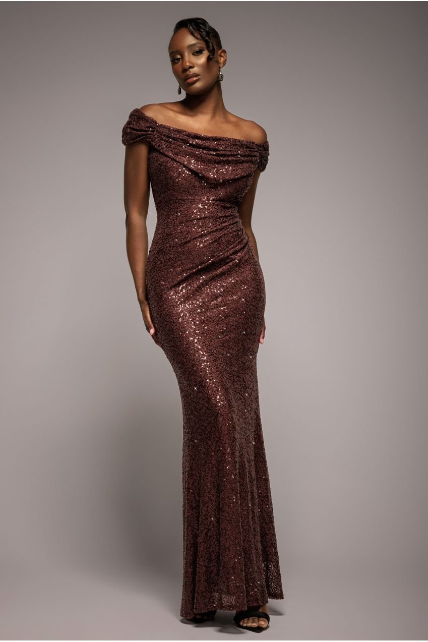 Goddiva Cap Sleeve Iridescent Sequin Cowl Maxi Dress – Brown