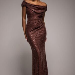 Goddiva Cap Sleeve Iridescent Sequin Cowl Maxi Dress - Brown