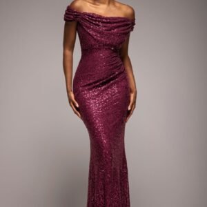 Goddiva Cap Sleeve Iridescent Sequin Cowl Maxi Dress - Burgundy Red