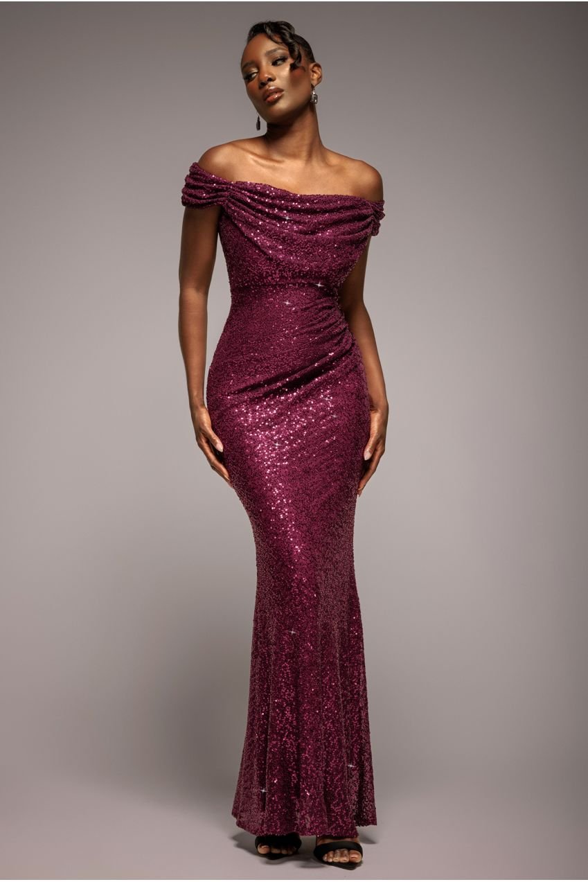 Goddiva Cap Sleeve Iridescent Sequin Cowl Maxi Dress – Burgundy Red