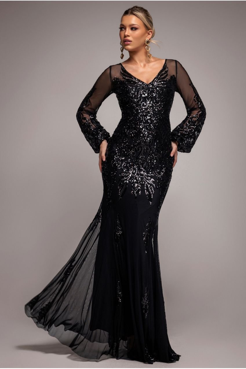 Goddiva Embellished Sequin Bishop Sleeve Maxi Dress – Black