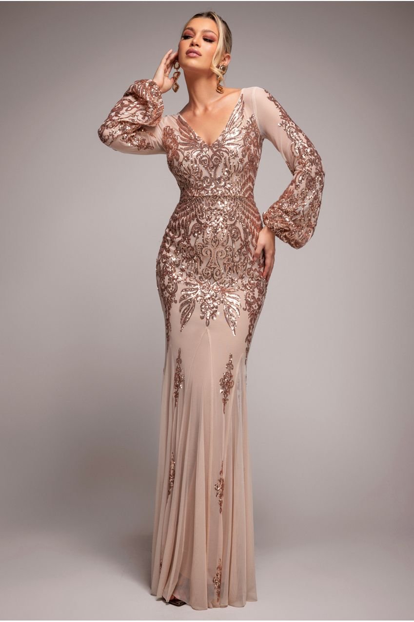 Goddiva Embellished Sequin Bishop Sleeve Maxi Dress – Champagne