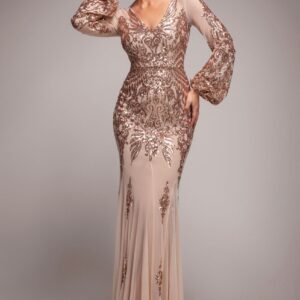 Goddiva Embellished Sequin Bishop Sleeve Maxi Dress - Champagne