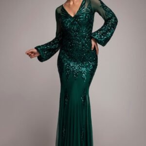 Goddiva Embellished Sequin Bishop Sleeve Maxi Dress - Emerald Green