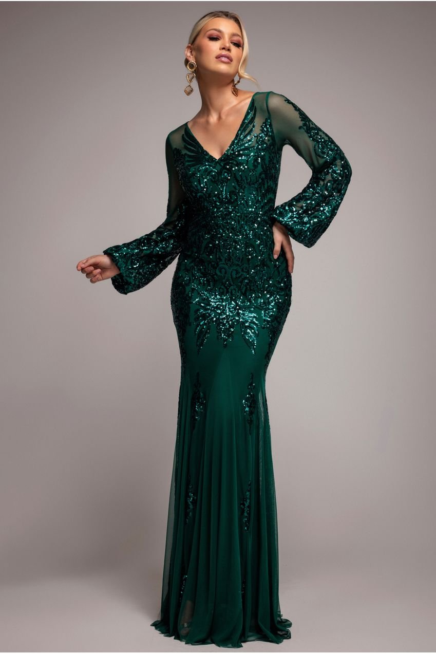 Goddiva Embellished Sequin Bishop Sleeve Maxi Dress – Emerald Green