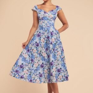 Goddiva Floral Print A-Line Sweetheart Midi Dress - Powder Blue
