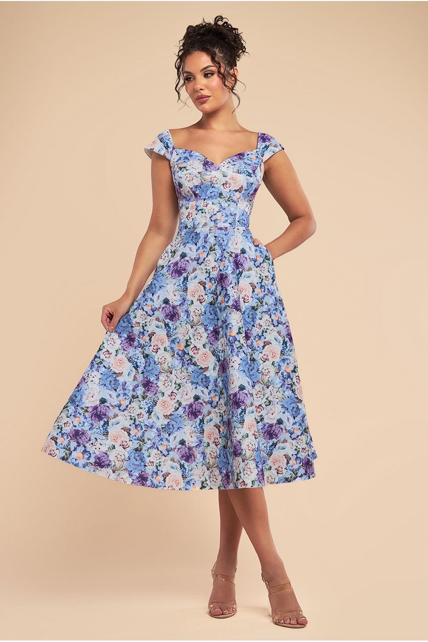 Goddiva Floral Print A-Line Sweetheart Midi Dress – Powder Blue