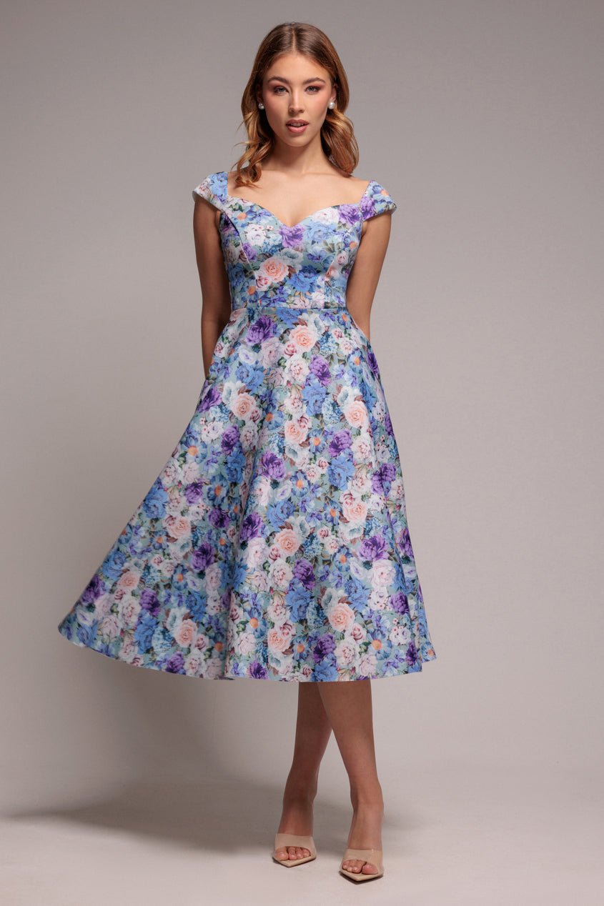 Goddiva Floral Print A-Line Sweetheart Midi Dress – Sage Green