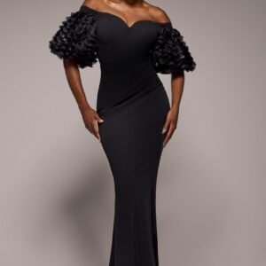 Goddiva Off The Shoulder 3D Puffed Sleeve Sweetheart Maxi Dress - Black