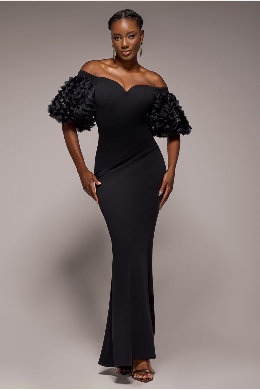 Goddiva Off The Shoulder 3D Puffed Sleeve Sweetheart Maxi Dress – Black