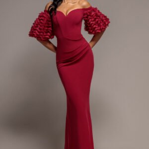Goddiva Off The Shoulder 3D Puffed Sleeve Sweetheart Maxi Dress - Burgundy