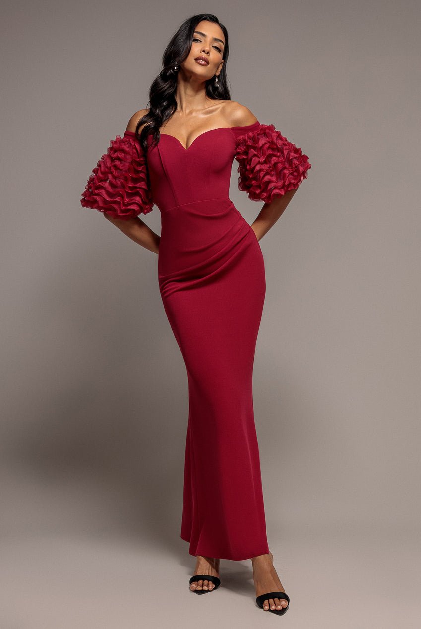 Goddiva Off The Shoulder 3D Puffed Sleeve Sweetheart Maxi Dress – Burgundy