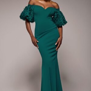 Goddiva Off The Shoulder 3D Puffed Sleeve Sweetheart Maxi Dress - Emerald Green