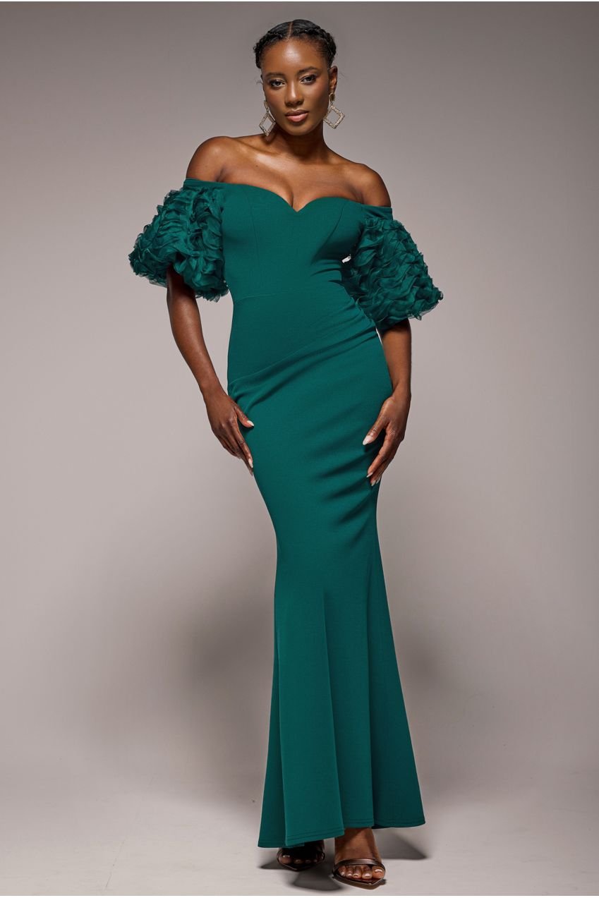 Goddiva Off The Shoulder 3D Puffed Sleeve Sweetheart Maxi Dress – Emerald Green