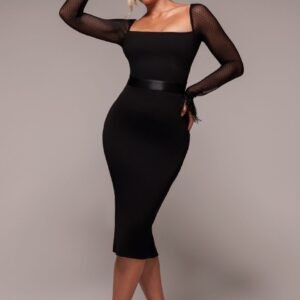 Goddiva Dobby Mesh Feather Sleeve Bodycon Midi Dress - Black