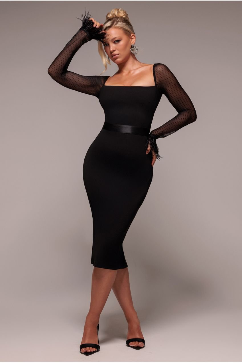 Goddiva Dobby Mesh Feather Sleeve Bodycon Midi Dress – Black