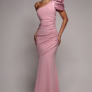 Goddiva One Shoulder Puffed Satin Sleeve Evening Maxi Dress - Blush Pink