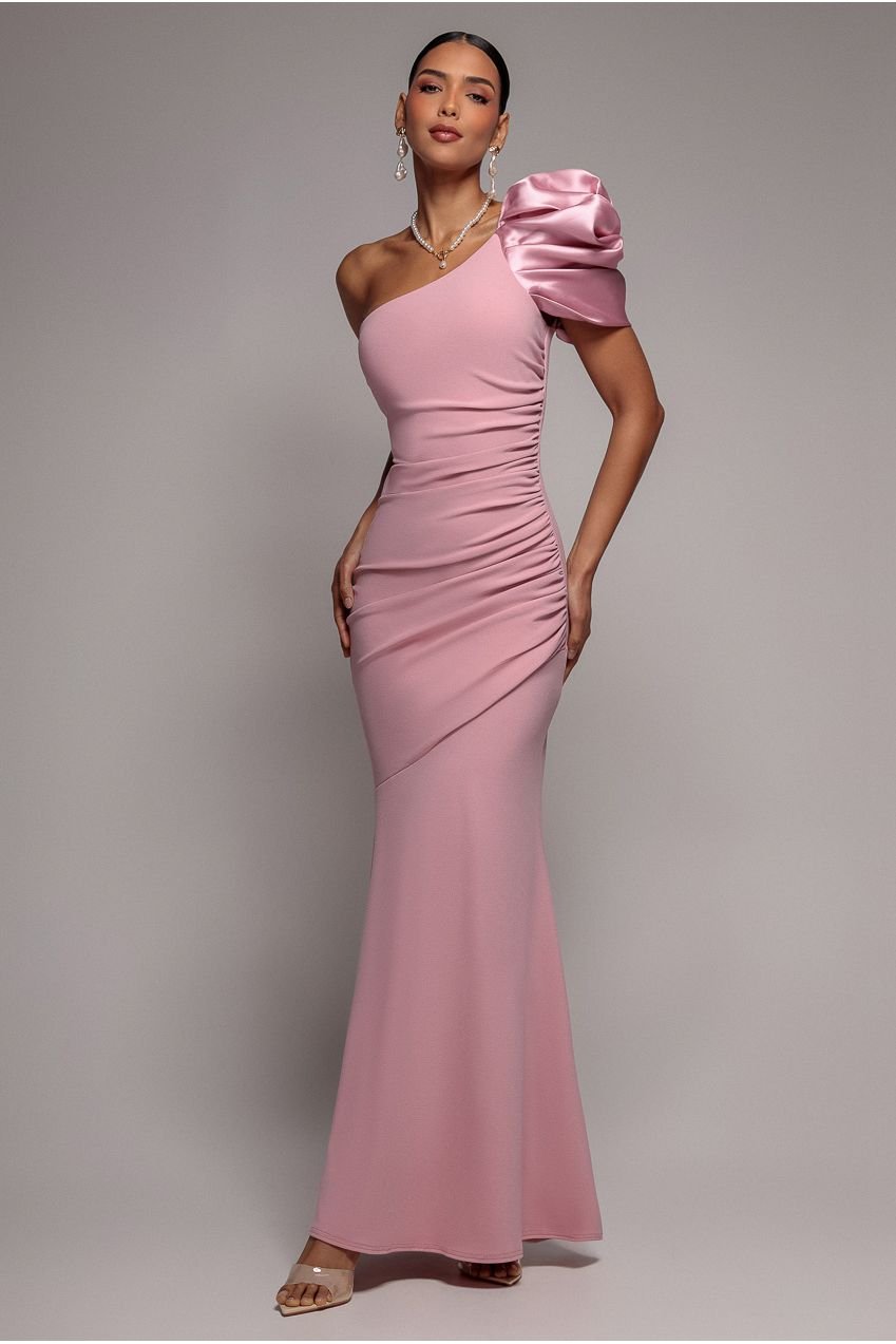 Goddiva One Shoulder Puffed Satin Sleeve Evening Maxi Dress – Blush Pink